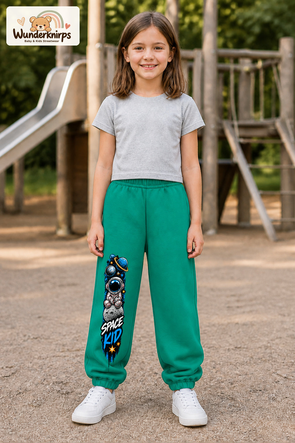 Mädchen trägt grüne Jogginghose mit Space Kid Mondreise-Print, von vorn auf dem Spielplatz.