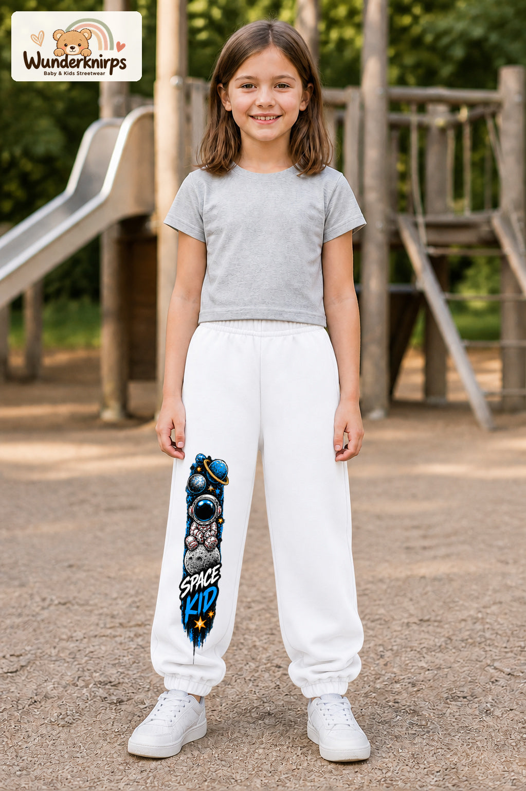 Mädchen trägt weiße Jogginghose mit Space Kid Mondreise-Print, von vorn auf dem Spielplatz.