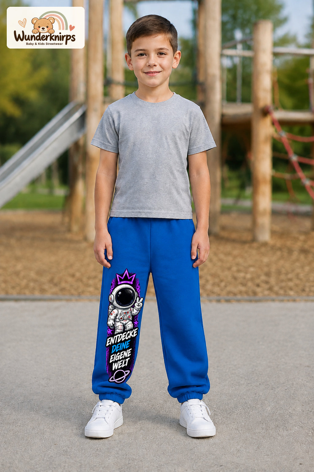 Junge trägt blaue Jogginghose mit Eigene Welt Astronaut-Print, von vorn auf dem Spielplatz.