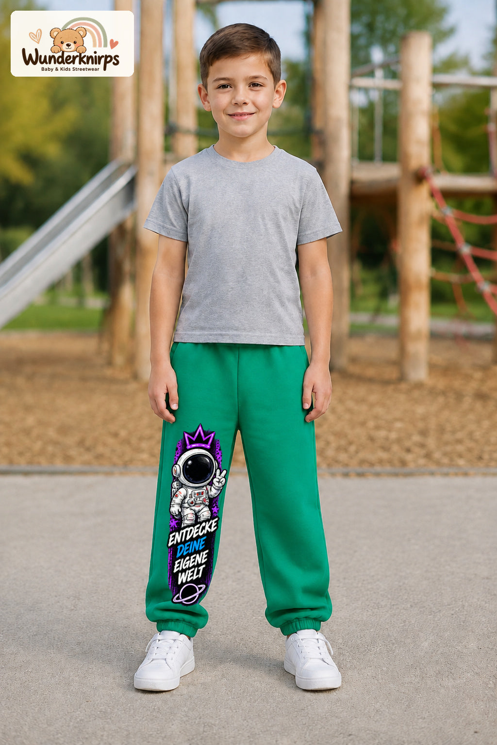 Junge trägt grüne Jogginghose mit Eigene Welt Astronaut-Print, von vorn auf dem Spielplatz.