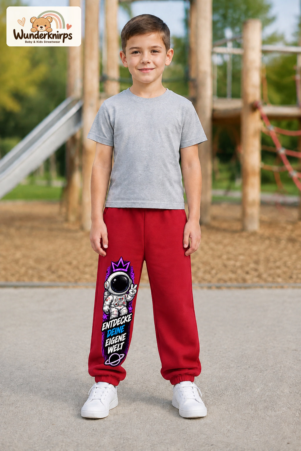 Junge trägt rote Jogginghose mit Eigene Welt Astronaut-Print, von vorn auf dem Spielplatz.