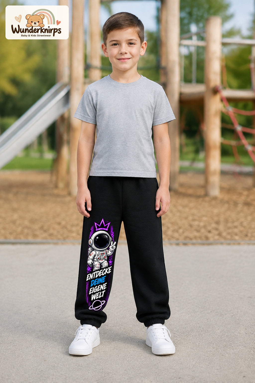 Junge trägt schwarze Jogginghose mit Eigene Welt Astronaut-Print, von vorn auf dem Spielplatz.