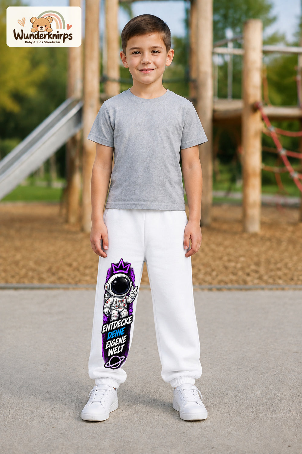 Junge trägt weiße Jogginghose mit Eigene Welt Astronaut-Print, von vorn auf dem Spielplatz.