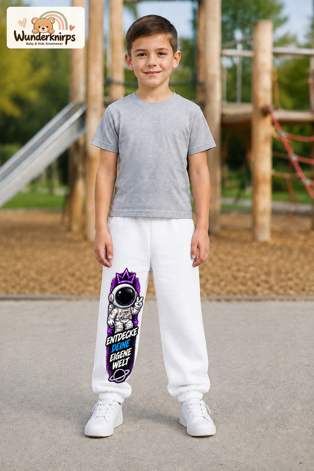 Junge trägt weiße Jogginghose mit Eigene Welt Astronaut-Print, von vorn auf dem Spielplatz.