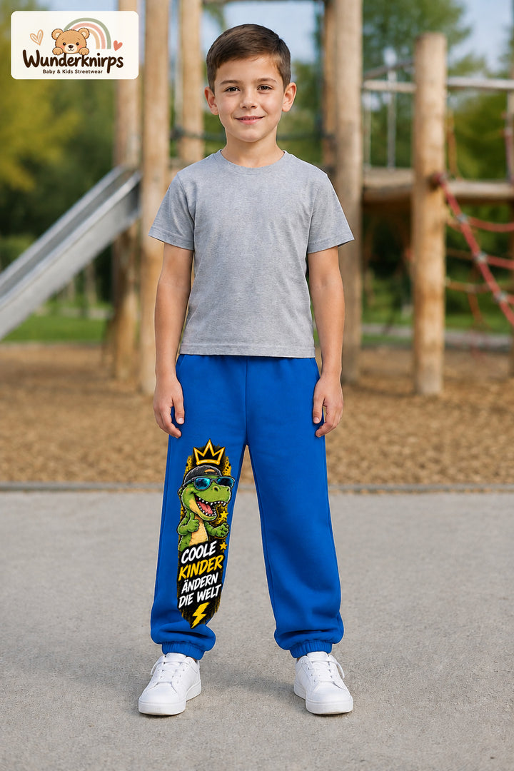Junge trägt blaue Jogginghose mit Coole Kinder Sonnenbrillen-Dino-Print, von vorn auf dem Spielplatz.
