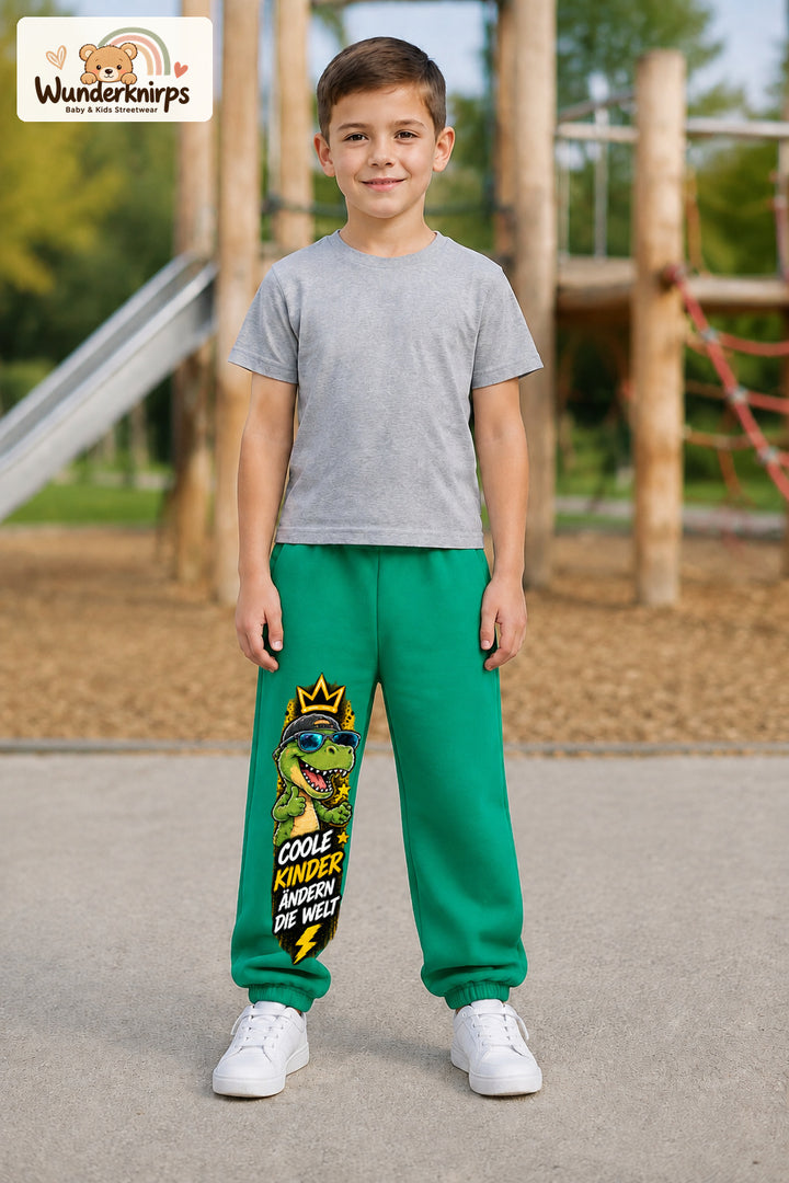 Junge trägt grüne Jogginghose mit Coole Kinder Sonnenbrillen-Dino-Print, von vorn auf dem Spielplatz.