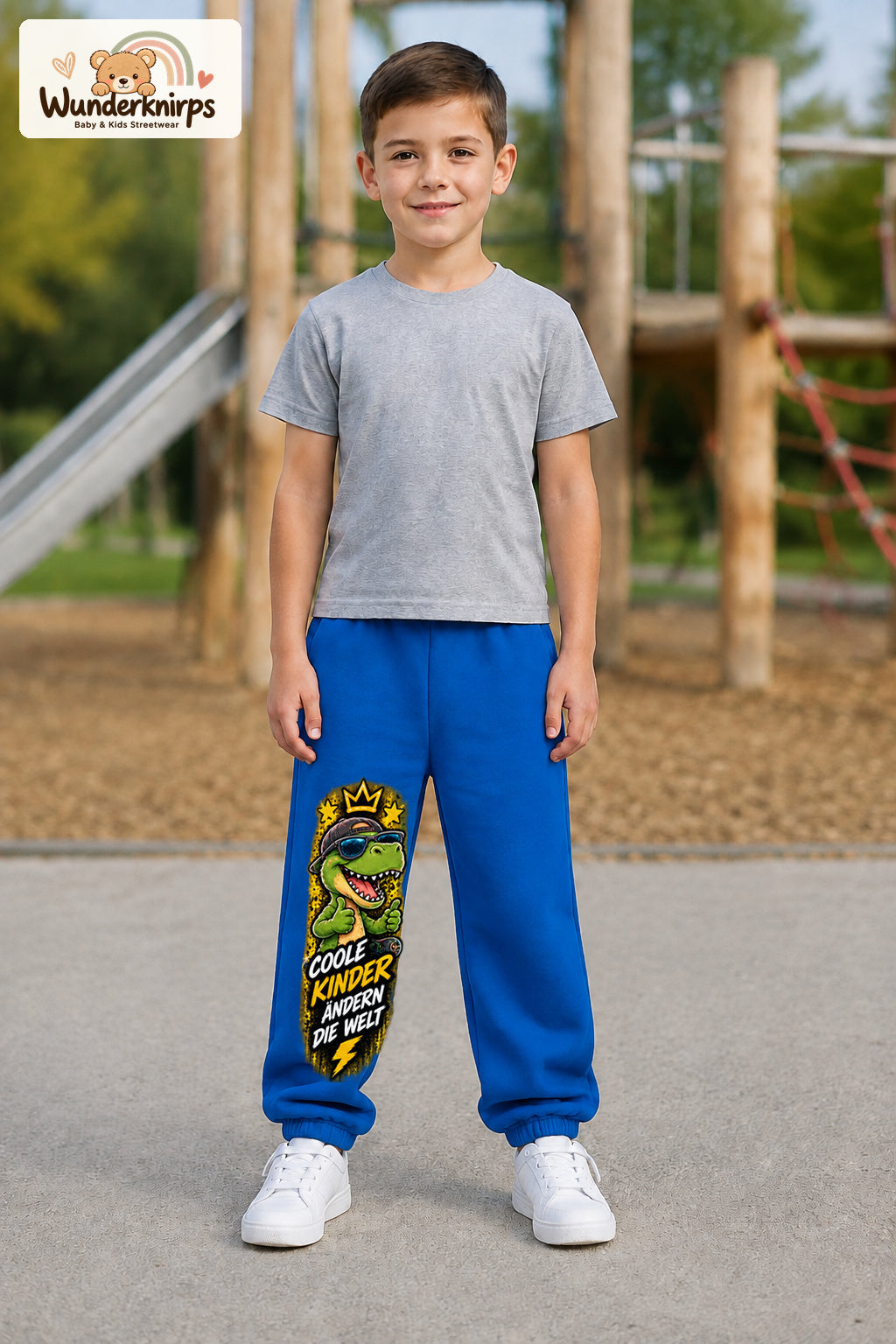 Junge trägt blaue Jogginghose mit Coole Kinder Daumen-Dino-Print, von vorn auf dem Spielplatz.
