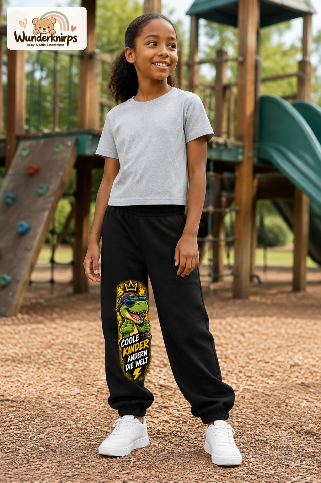 Mädchen trägt schwarze Jogginghose mit Coole Kinder Daumen-Dino-Print, leicht seitlich auf dem Spielplatz.