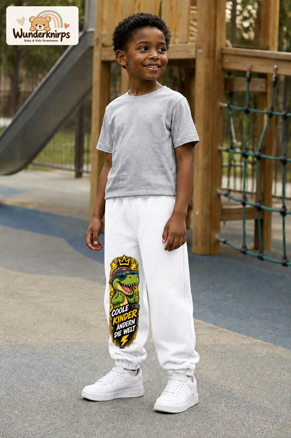 Junge trägt weiße Jogginghose mit Coole Kinder Daumen-Dino-Print, leicht seitlich auf dem Spielplatz.
