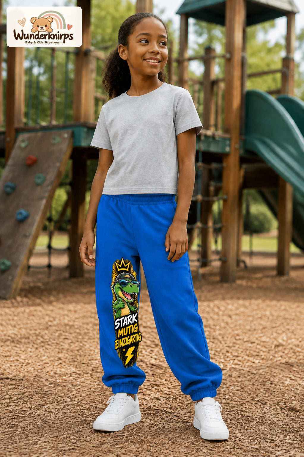 Mädchen trägt blaue Jogginghose mit Stark mutig Dino-Print, leicht seitlich auf dem Spielplatz.