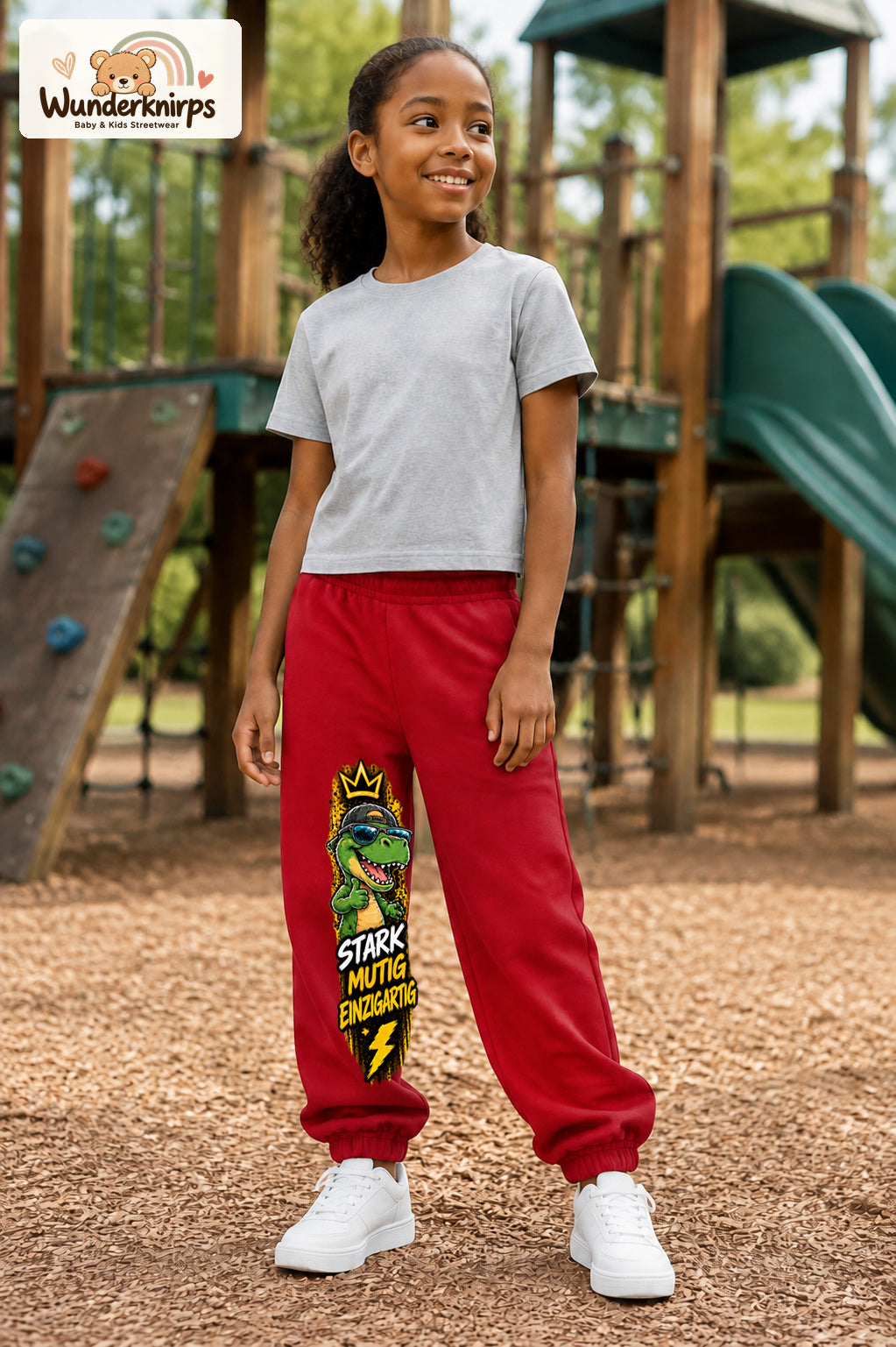 Mädchen trägt rote Jogginghose mit Stark mutig Dino-Print, leicht seitlich auf dem Spielplatz.