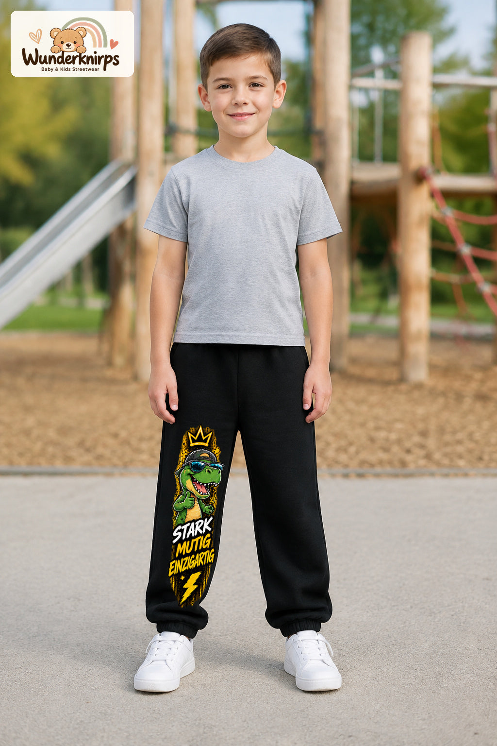 Junge trägt schwarze Jogginghose mit Stark mutig Dino-Print, von vorn auf dem Spielplatz.