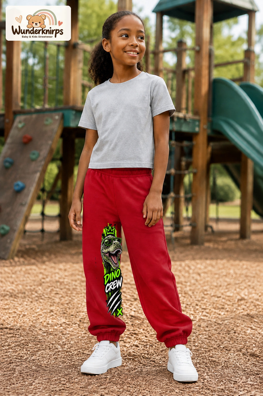 Mädchen trägt rote Jogginghose mit Dino Crew T-Rex-Print, leicht seitlich auf dem Spielplatz.