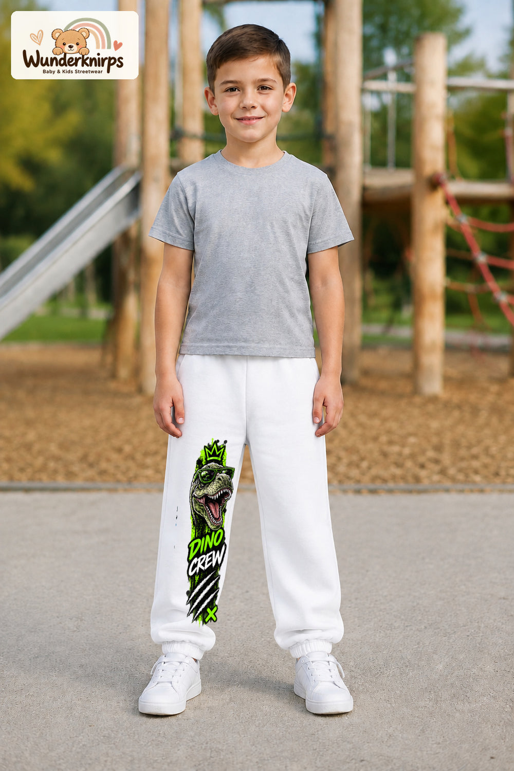 Junge trägt weiße Jogginghose mit Dino Crew T-Rex-Print, von vorn auf dem Spielplatz.