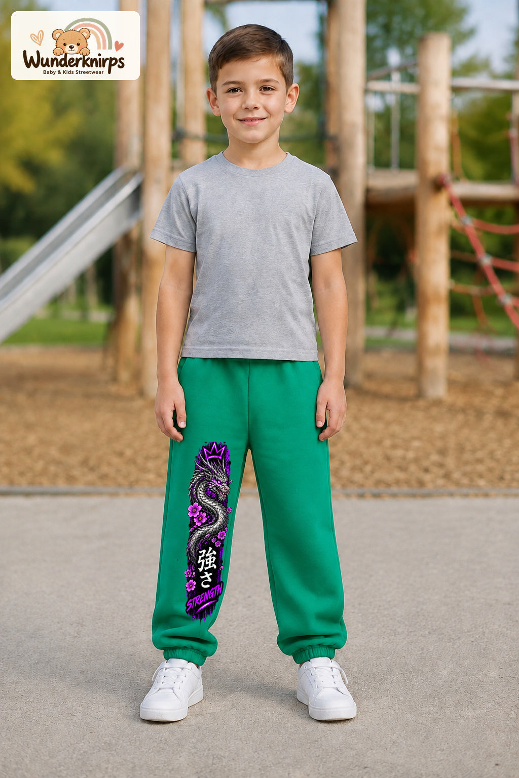 Junge trägt grüne Jogginghose mit Strength Drache Violett-Print, von vorn auf dem Spielplatz.