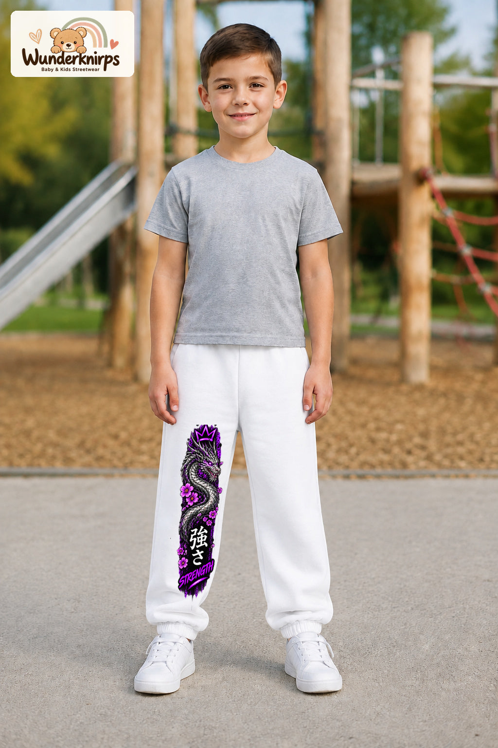 Junge trägt weiße Jogginghose mit Strength Drache Violett-Print, von vorn auf dem Spielplatz.