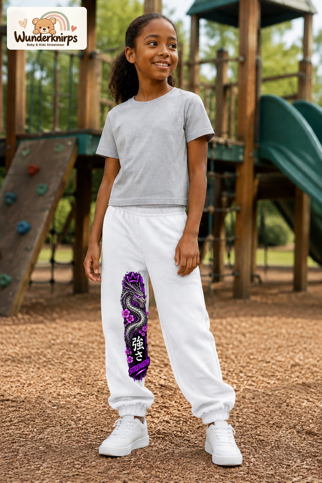 Mädchen trägt weiße Jogginghose mit Strength Drache Violett-Print, leicht seitlich auf dem Spielplatz.