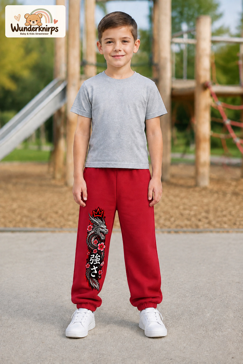 Junge trägt rote Jogginghose mit Roter Blütendrache-Print, von vorn auf dem Spielplatz.