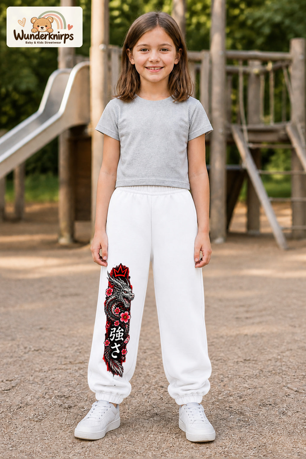 Mädchen trägt weiße Jogginghose mit Roter Blütendrache-Print, von vorn auf dem Spielplatz.