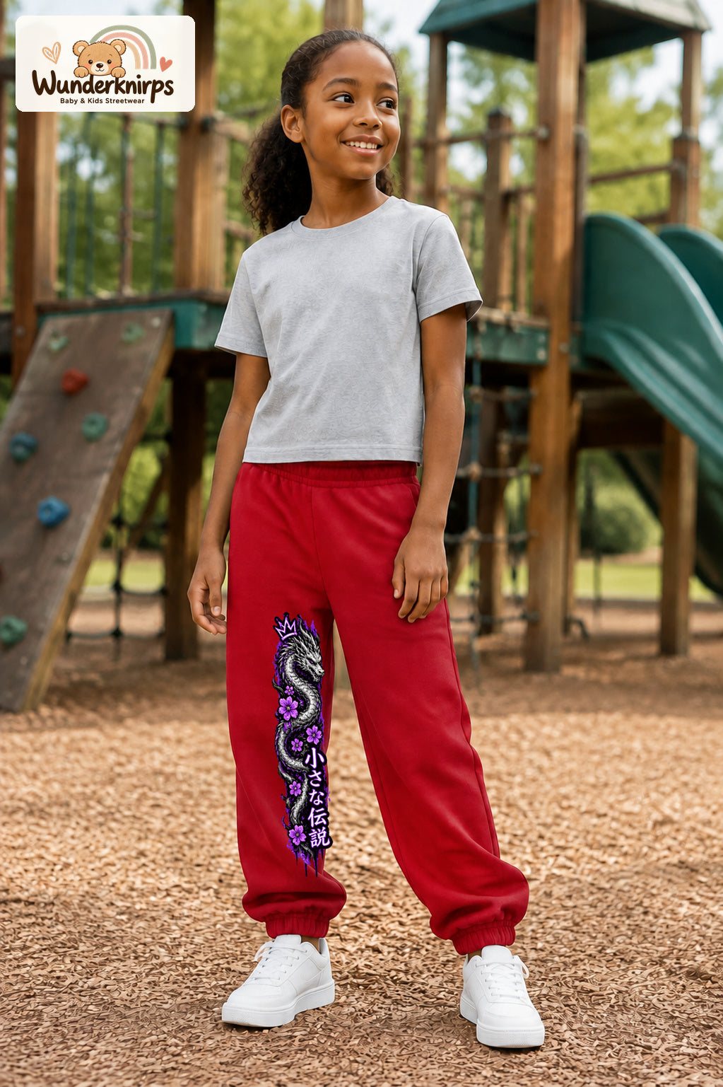 Mädchen trägt rote Jogginghose mit Blütendrache Lila-Print, leicht seitlich auf dem Spielplatz.