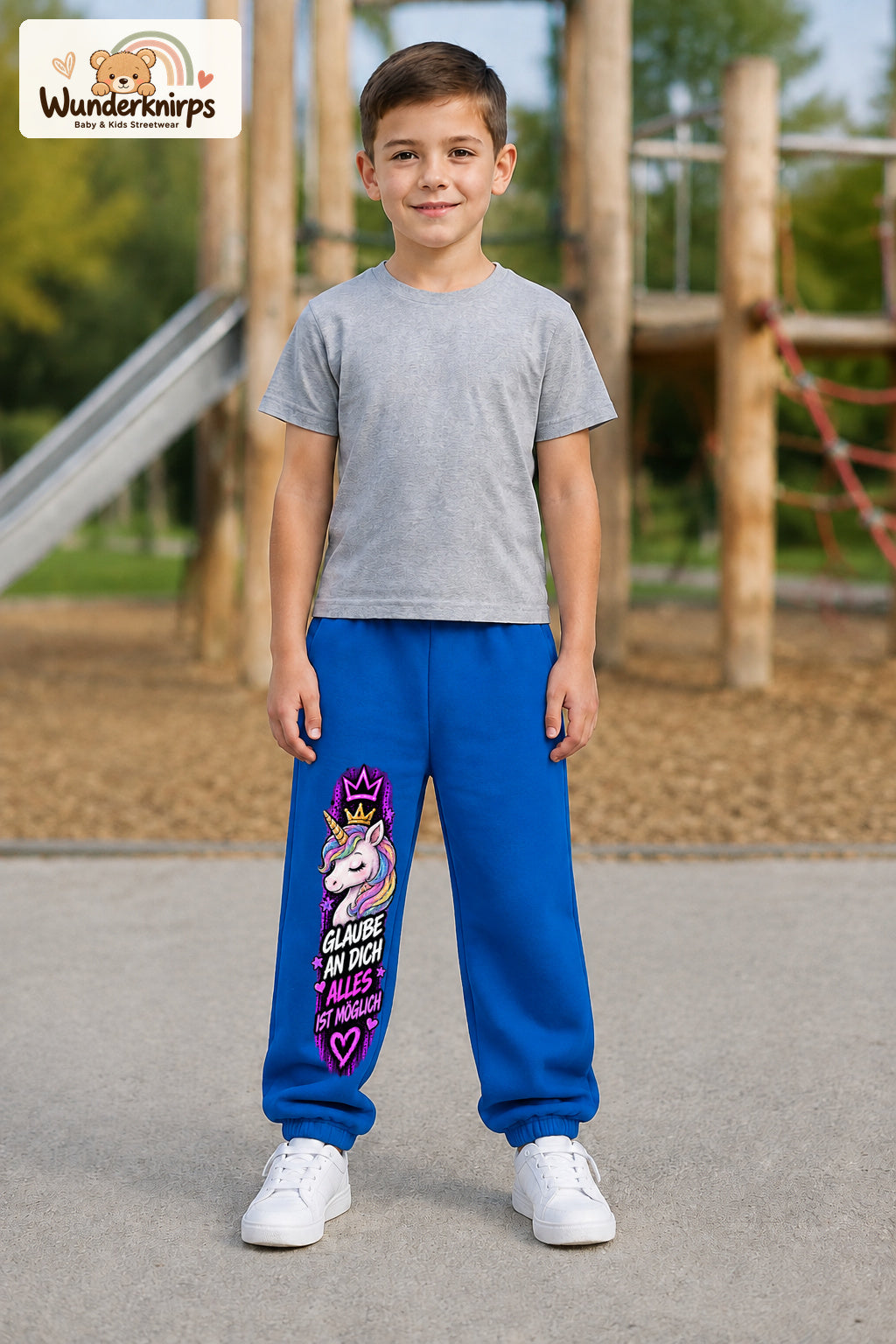 Junge trägt blaue Jogginghose mit Alles möglich Einhorn-Print, von vorn auf dem Spielplatz.