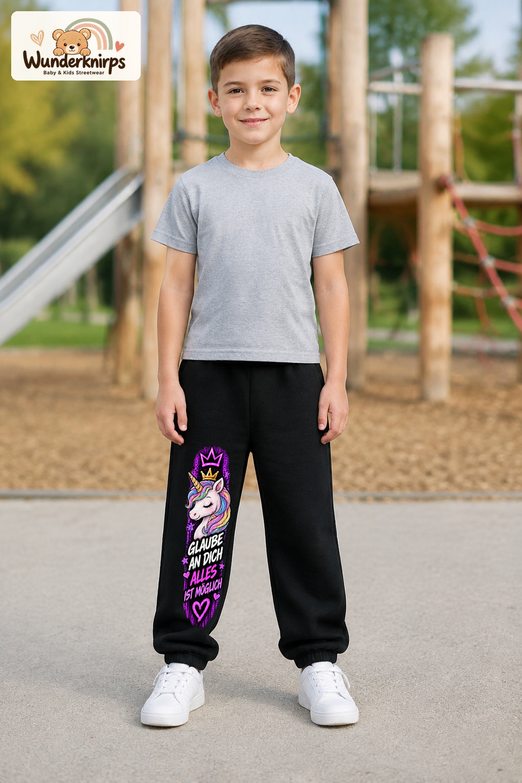 Junge trägt schwarze Jogginghose mit Alles möglich Einhorn-Print, von vorn auf dem Spielplatz.