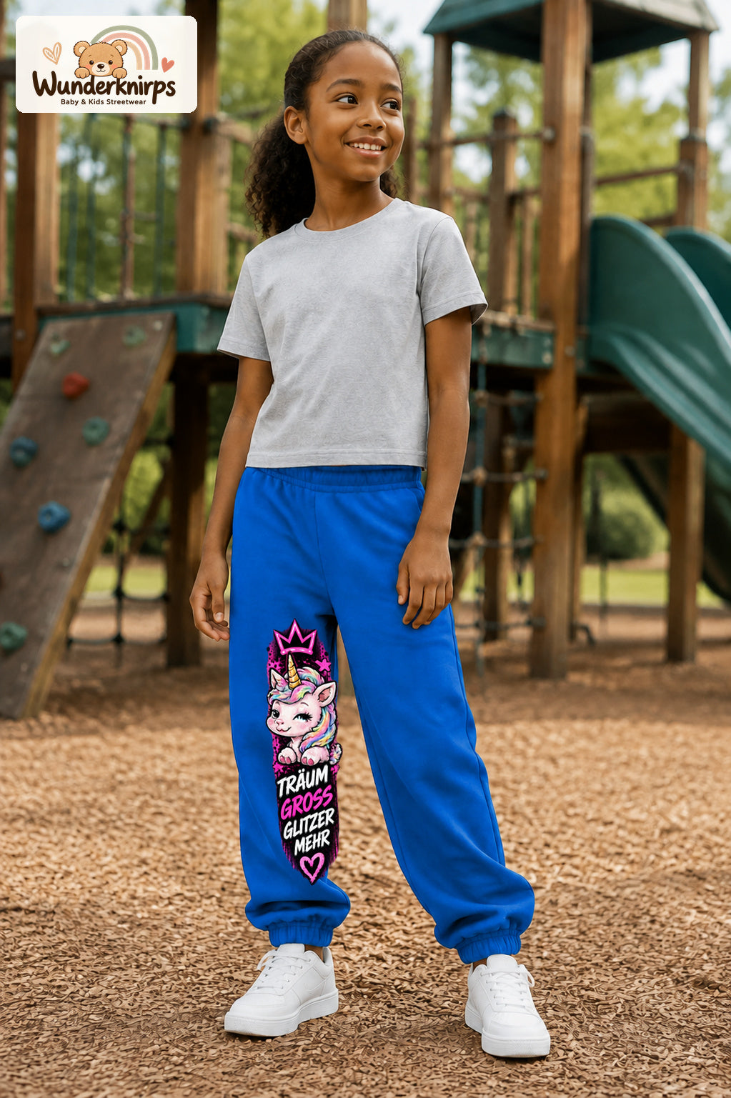 Mädchen trägt blaue Jogginghose mit Träum groß Einhorn-Print, leicht seitlich auf dem Spielplatz.