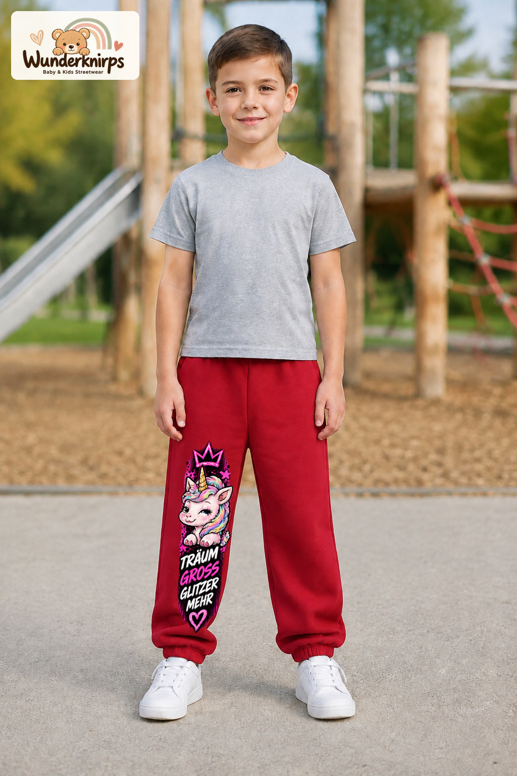 Junge trägt rote Jogginghose mit Träum groß Einhorn-Print, von vorn auf dem Spielplatz.