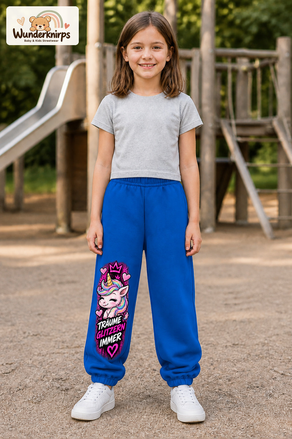 Mädchen trägt blaue Jogginghose mit Träume glitzern Einhorn-Print, von vorn auf dem Spielplatz.