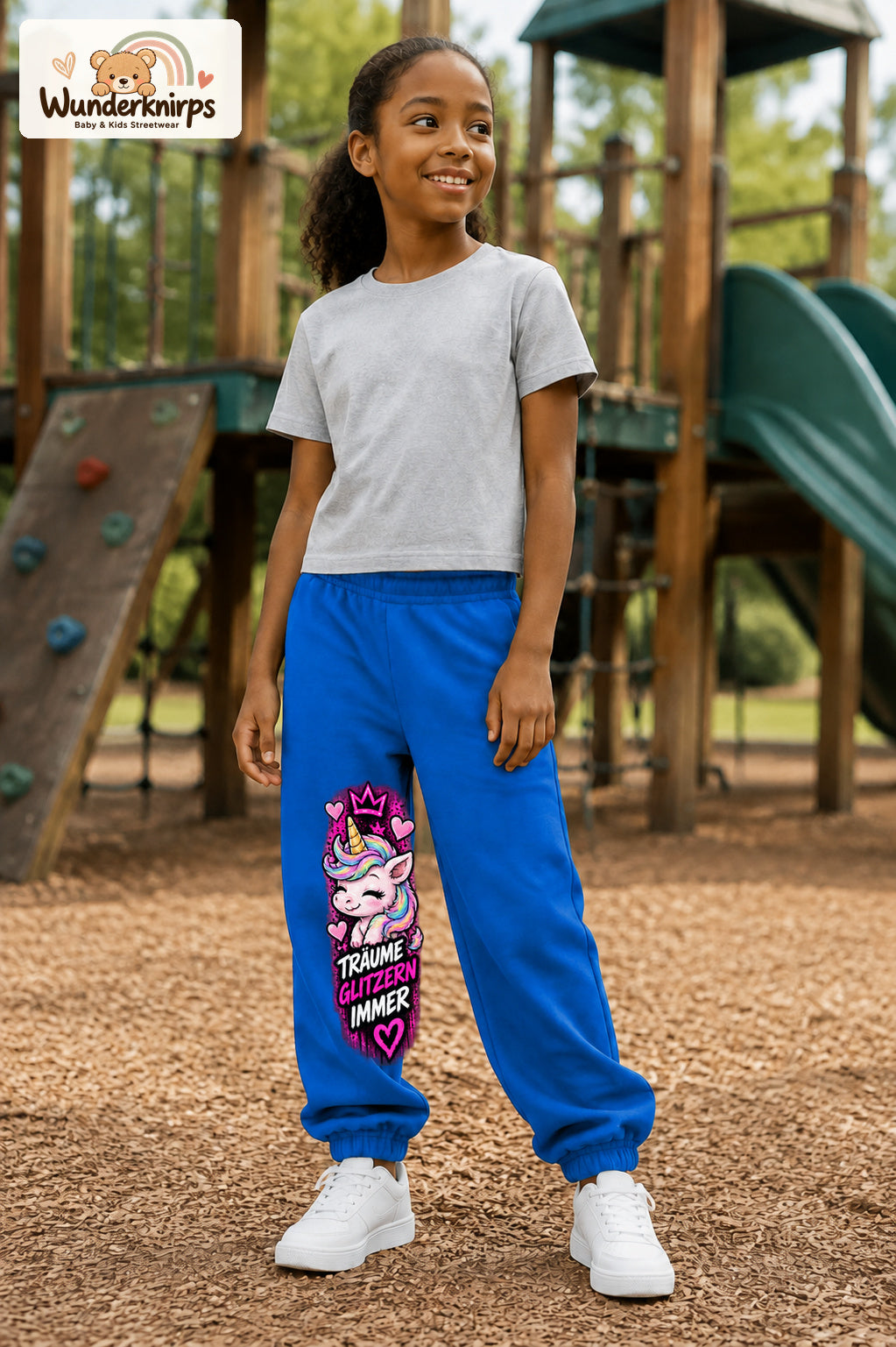 Mädchen trägt blaue Jogginghose mit Träume glitzern Einhorn-Print, leicht seitlich auf dem Spielplatz.