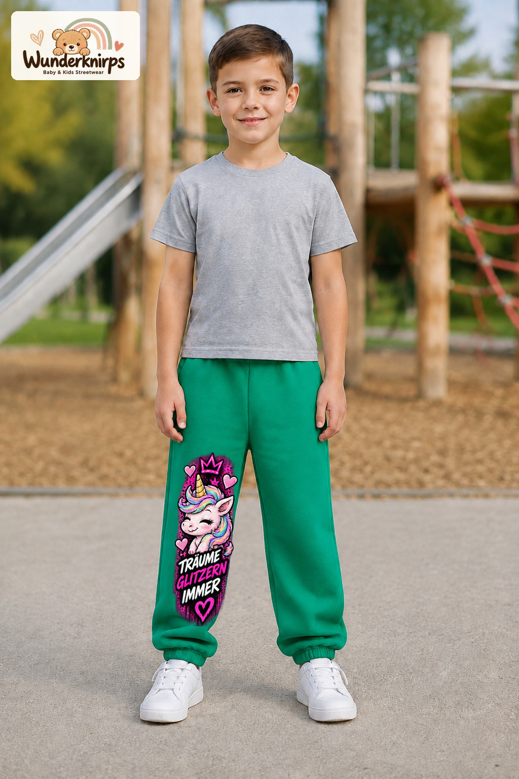 Junge trägt grüne Jogginghose mit Träume glitzern Einhorn-Print, von vorn auf dem Spielplatz.
