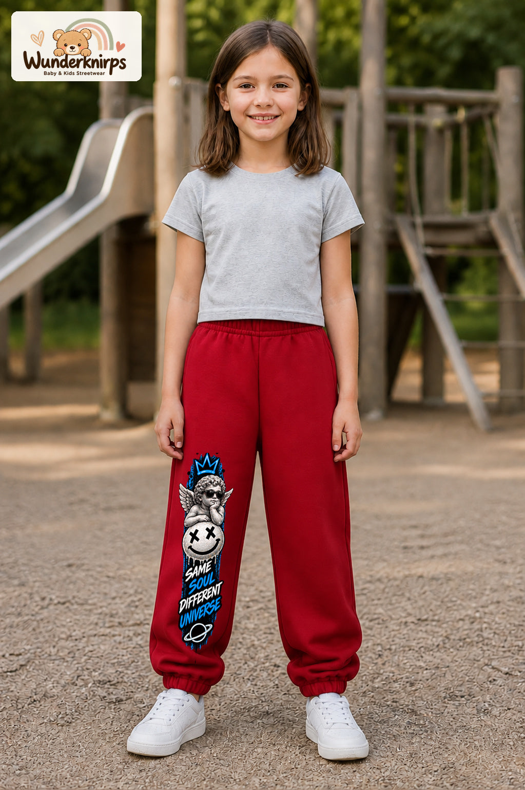 Mädchen trägt rote Jogginghose mit Same Soul Engel-Print, von vorn auf dem Spielplatz.