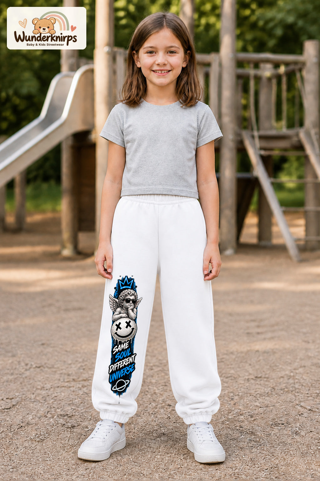 Mädchen trägt weiße Jogginghose mit Same Soul Engel-Print, von vorn auf dem Spielplatz.