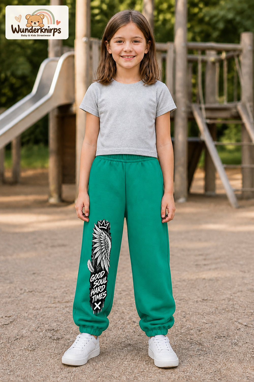 Mädchen trägt grüne Jogginghose mit Good Soul Flügel-Print, von vorn auf dem Spielplatz.