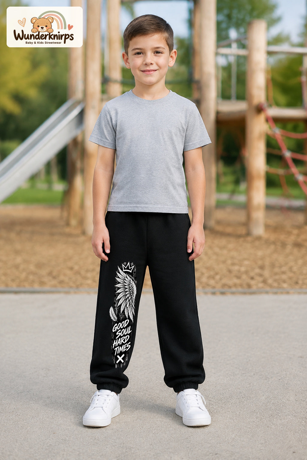 Junge trägt schwarze Jogginghose mit Good Soul Flügel-Print, von vorn auf dem Spielplatz.