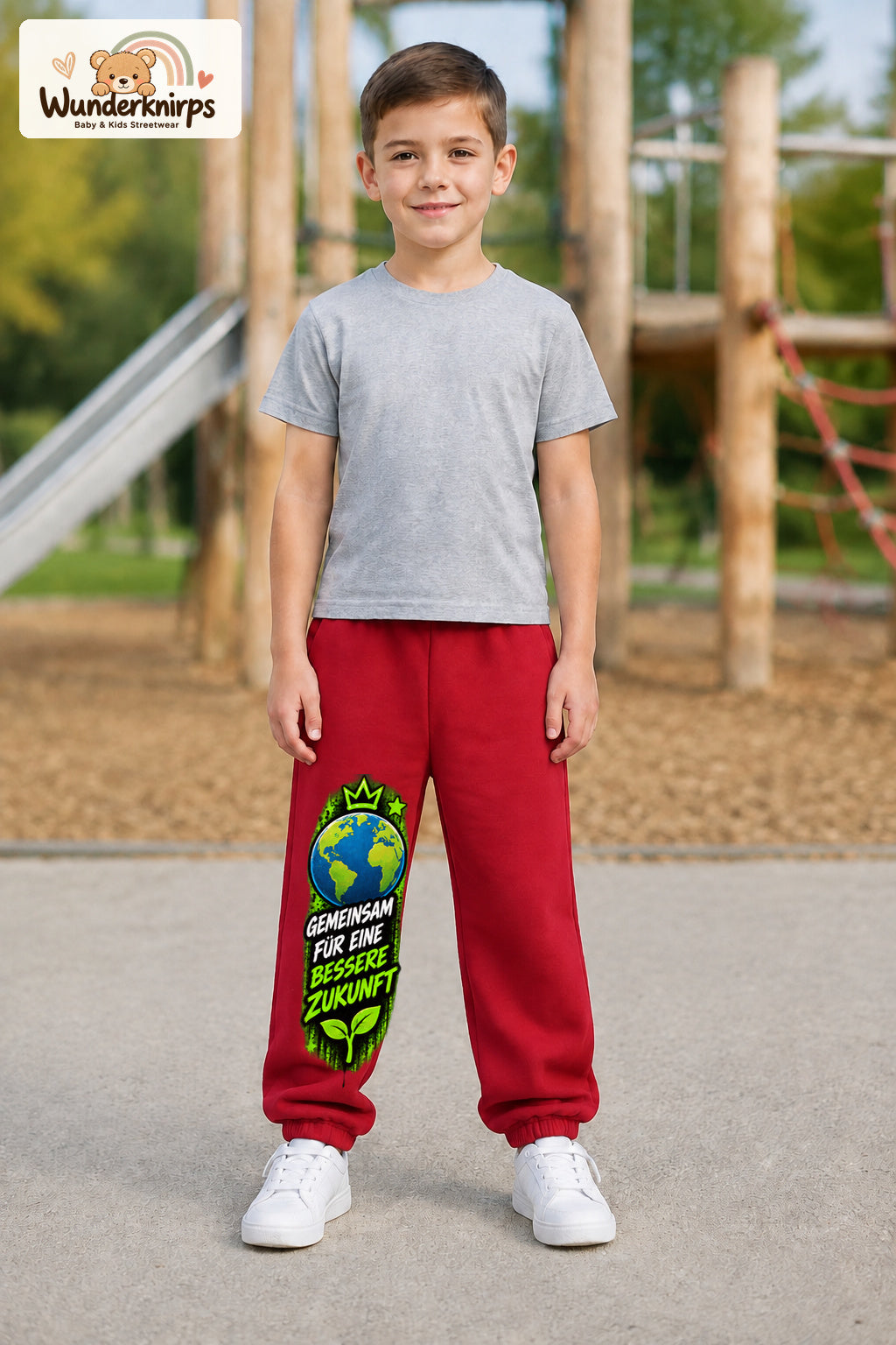 Junge trägt rote Jogginghose mit Bessere Zukunft Erde-Print, von vorn auf dem Spielplatz.
