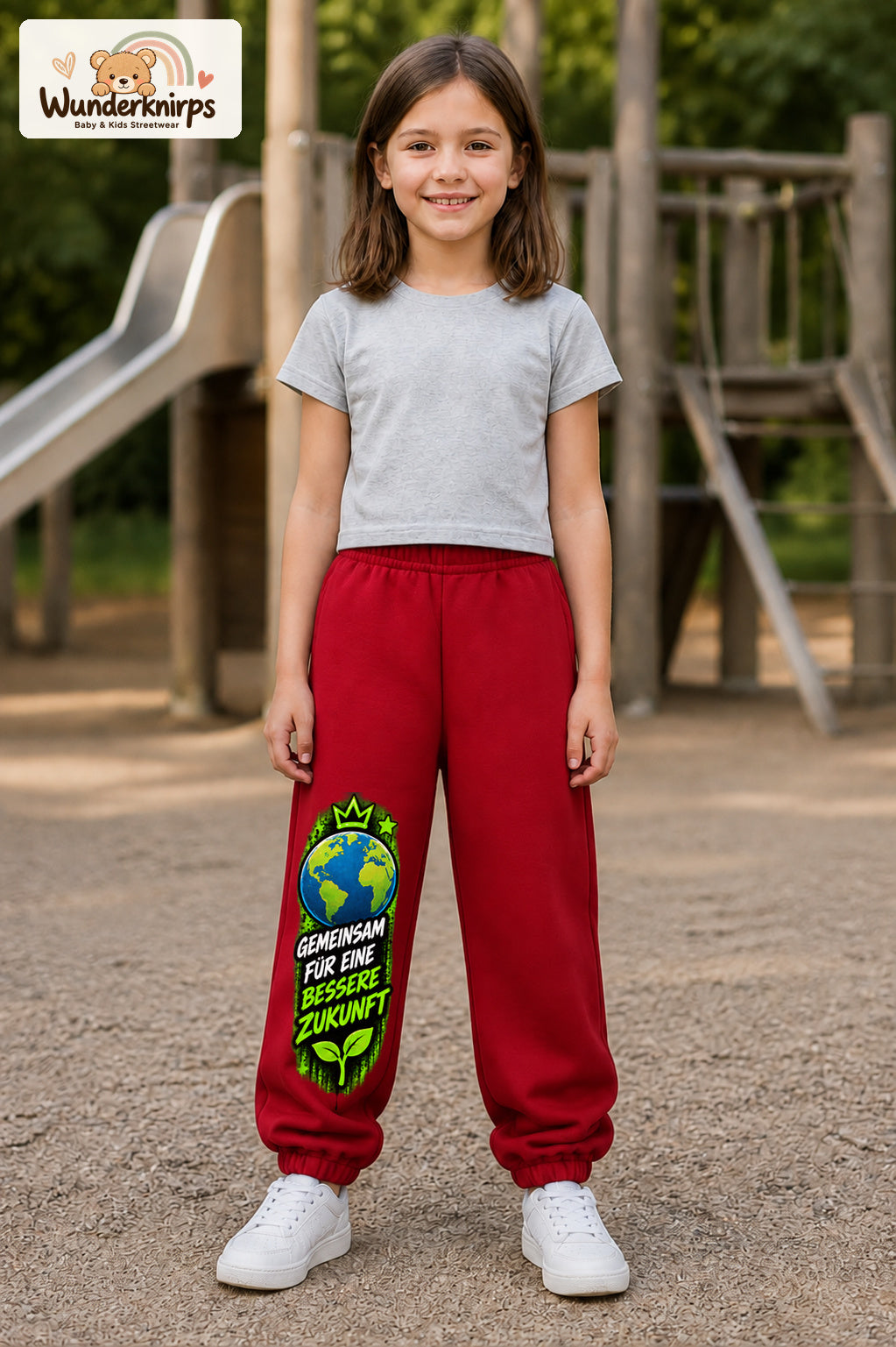 Mädchen trägt rote Jogginghose mit Bessere Zukunft Erde-Print, von vorn auf dem Spielplatz.