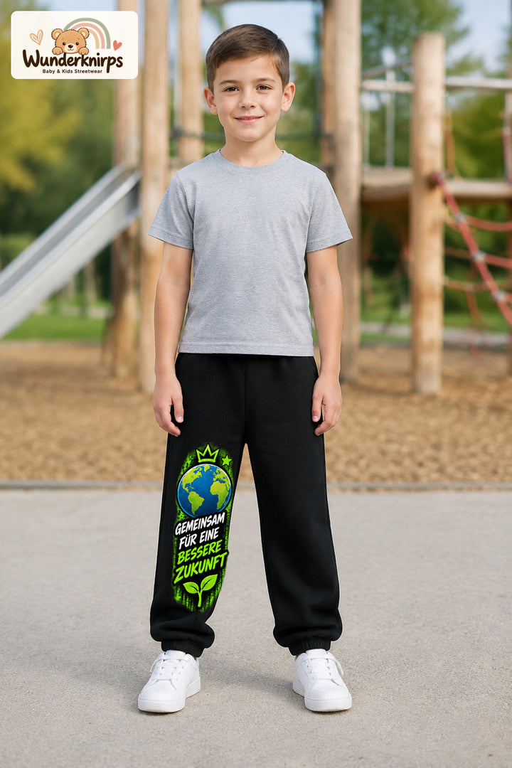Junge trägt schwarze Jogginghose mit Bessere Zukunft Erde-Print, von vorn auf dem Spielplatz.