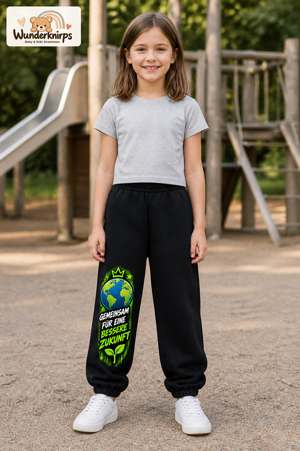 Mädchen trägt schwarze Jogginghose mit Bessere Zukunft Erde-Print, von vorn auf dem Spielplatz.