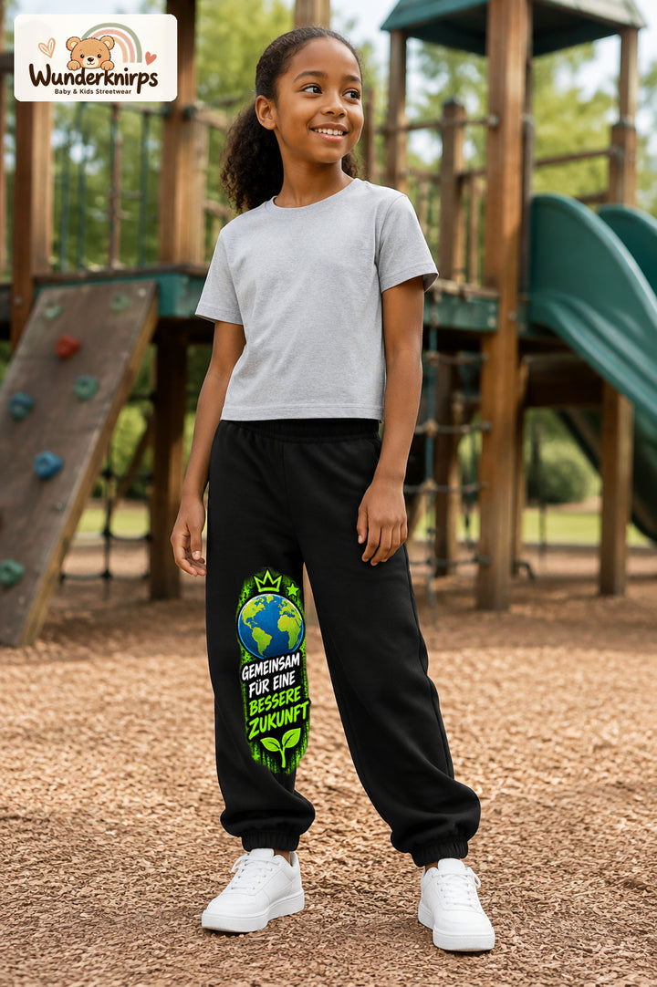 Mädchen trägt schwarze Jogginghose mit Bessere Zukunft Erde-Print, leicht seitlich auf dem Spielplatz.