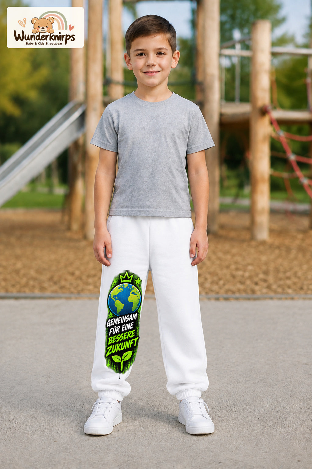 Junge trägt weiße Jogginghose mit Bessere Zukunft Erde-Print, von vorn auf dem Spielplatz.