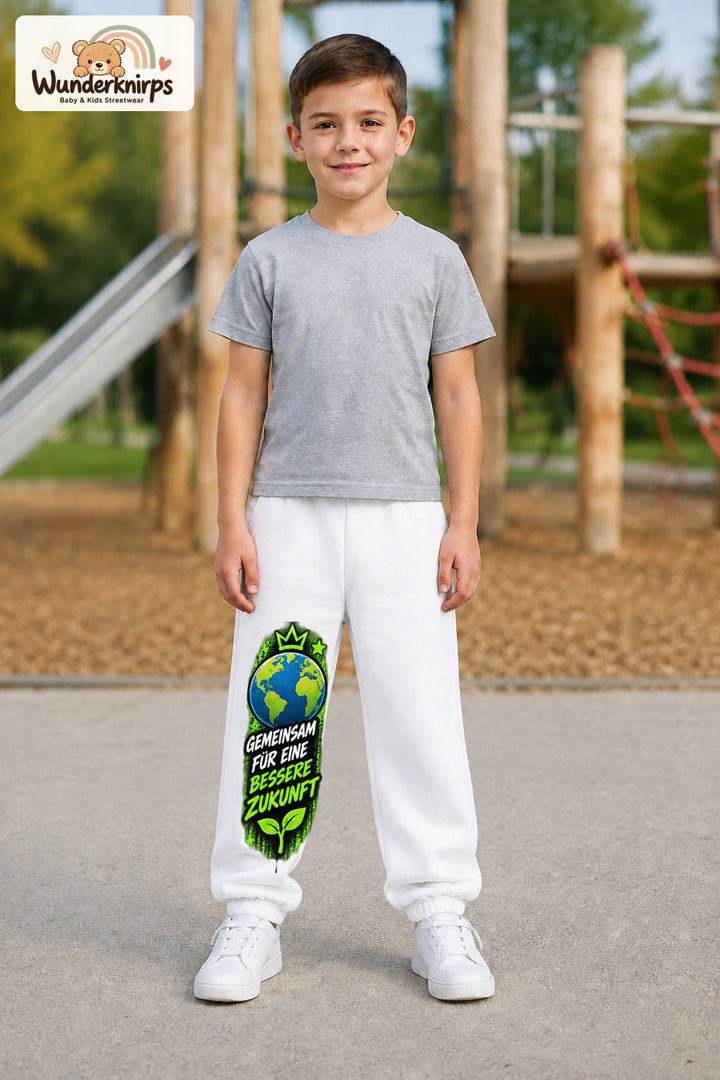 Junge trägt weiße Jogginghose mit Bessere Zukunft Erde-Print, von vorn auf dem Spielplatz.