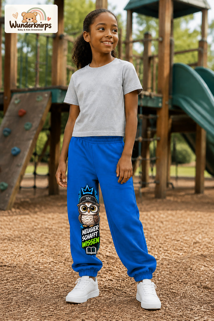 Mädchen trägt blaue Jogginghose mit Neugier Eule-Print, leicht seitlich auf dem Spielplatz.