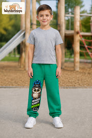 Junge trägt grüne Jogginghose mit Neugier Eule-Print, von vorn auf dem Spielplatz.
