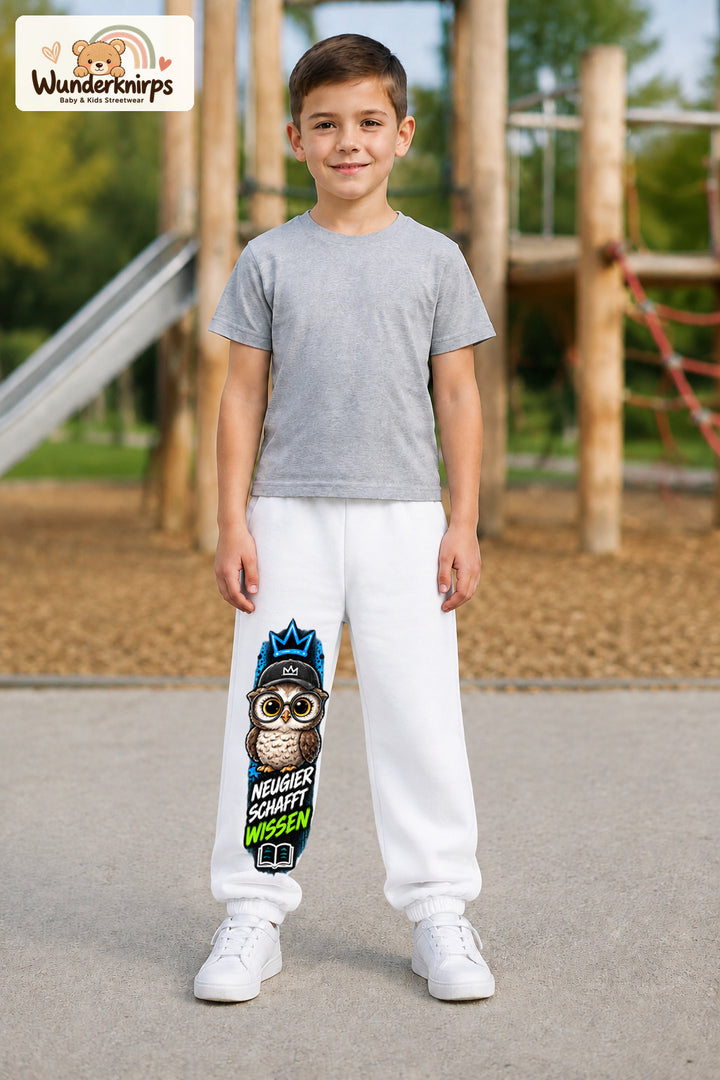 Junge trägt weiße Jogginghose mit Neugier Eule-Print, von vorn auf dem Spielplatz.