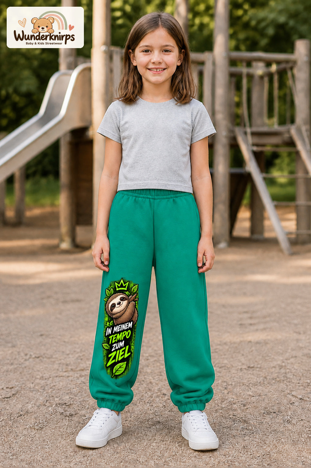 Mädchen trägt grüne Jogginghose mit Mein Tempo Faultier-Print, von vorn auf dem Spielplatz.