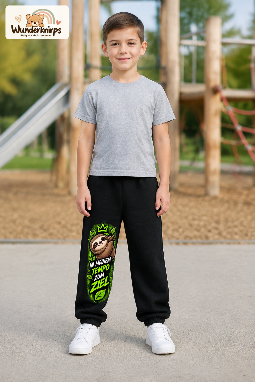 Junge trägt schwarze Jogginghose mit Mein Tempo Faultier-Print, von vorn auf dem Spielplatz.
