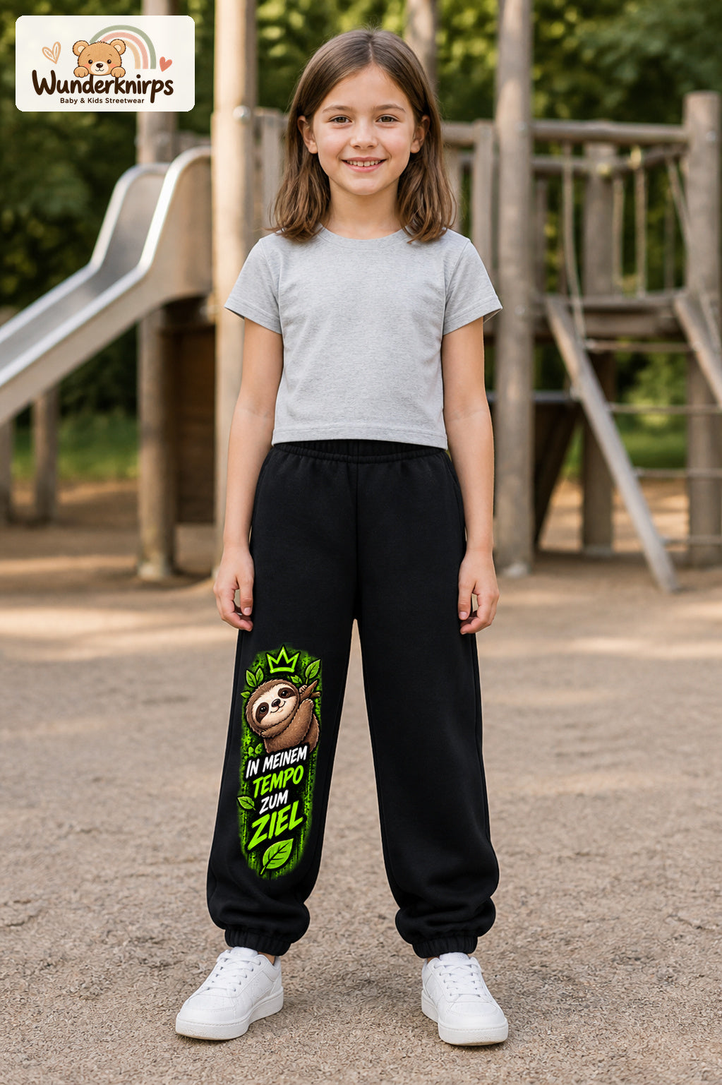 Mädchen trägt schwarze Jogginghose mit Mein Tempo Faultier-Print, von vorn auf dem Spielplatz.