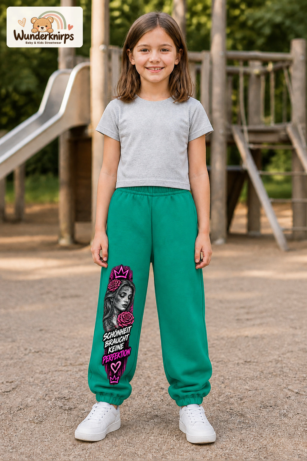 Mädchen trägt grüne Jogginghose mit Schönheit ohne Perfektion-Print, von vorn auf dem Spielplatz.
