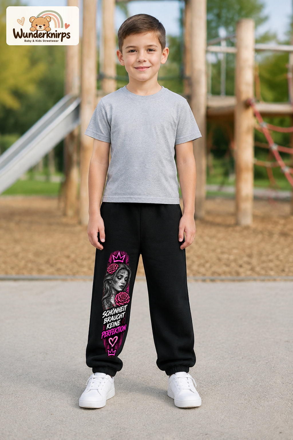 Junge trägt schwarze Jogginghose mit Schönheit ohne Perfektion-Print, von vorn auf dem Spielplatz.